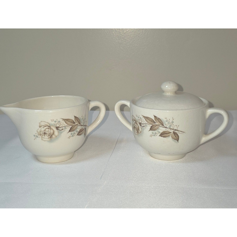Vintage McCoy Creamer and Lidded Sugar Bowl Set‎ Brown Rose Floral Crazed